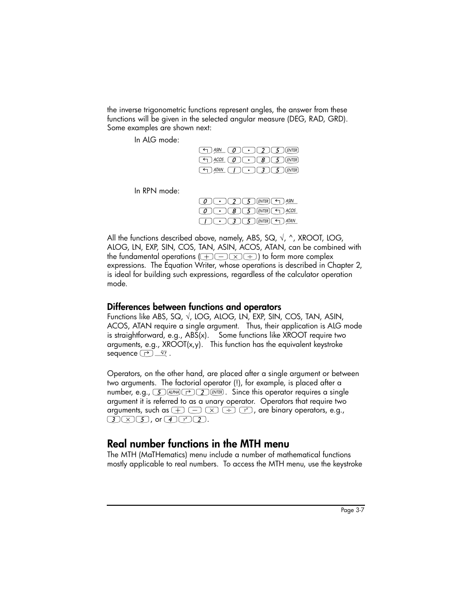Differences between functions and operators, Real number functions in the mth menu, Differences between functions and operators ,3-7 | Real number functions in the mth menu ,3-7 | HP 50g Graphing Calculator User Manual | Page 137 / 887