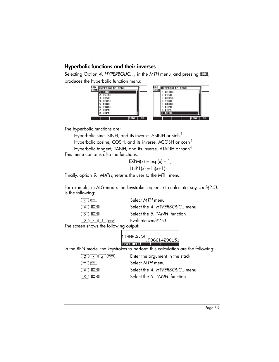 Hyperbolic functions and their inverses, Hyperbolic functions and their inverses ,3-9 | HP 50g Graphing Calculator User Manual | Page 139 / 887