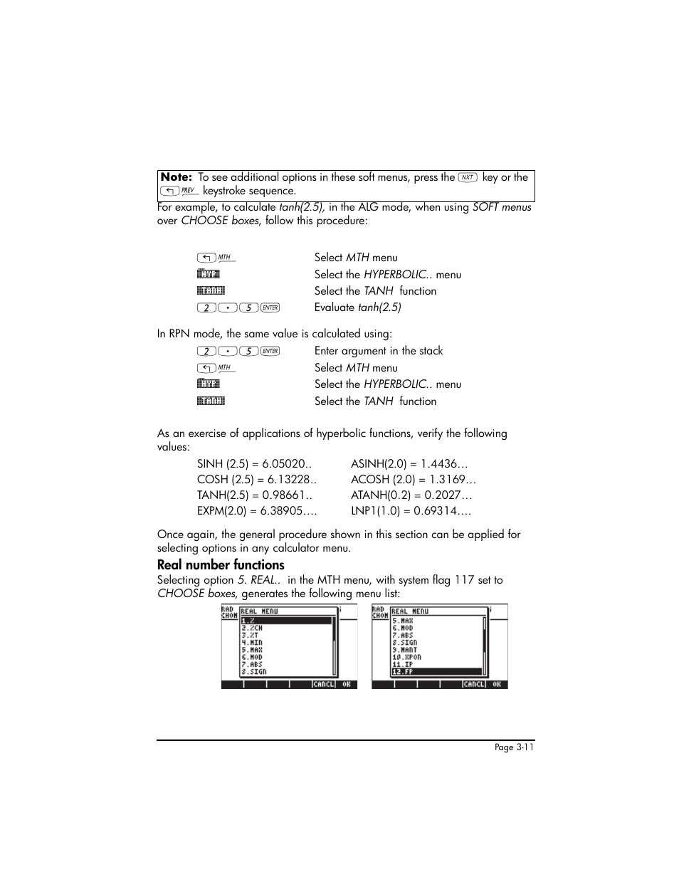 Real number functions, Real number functions ,3-11 | HP 50g Graphing Calculator User Manual | Page 141 / 887