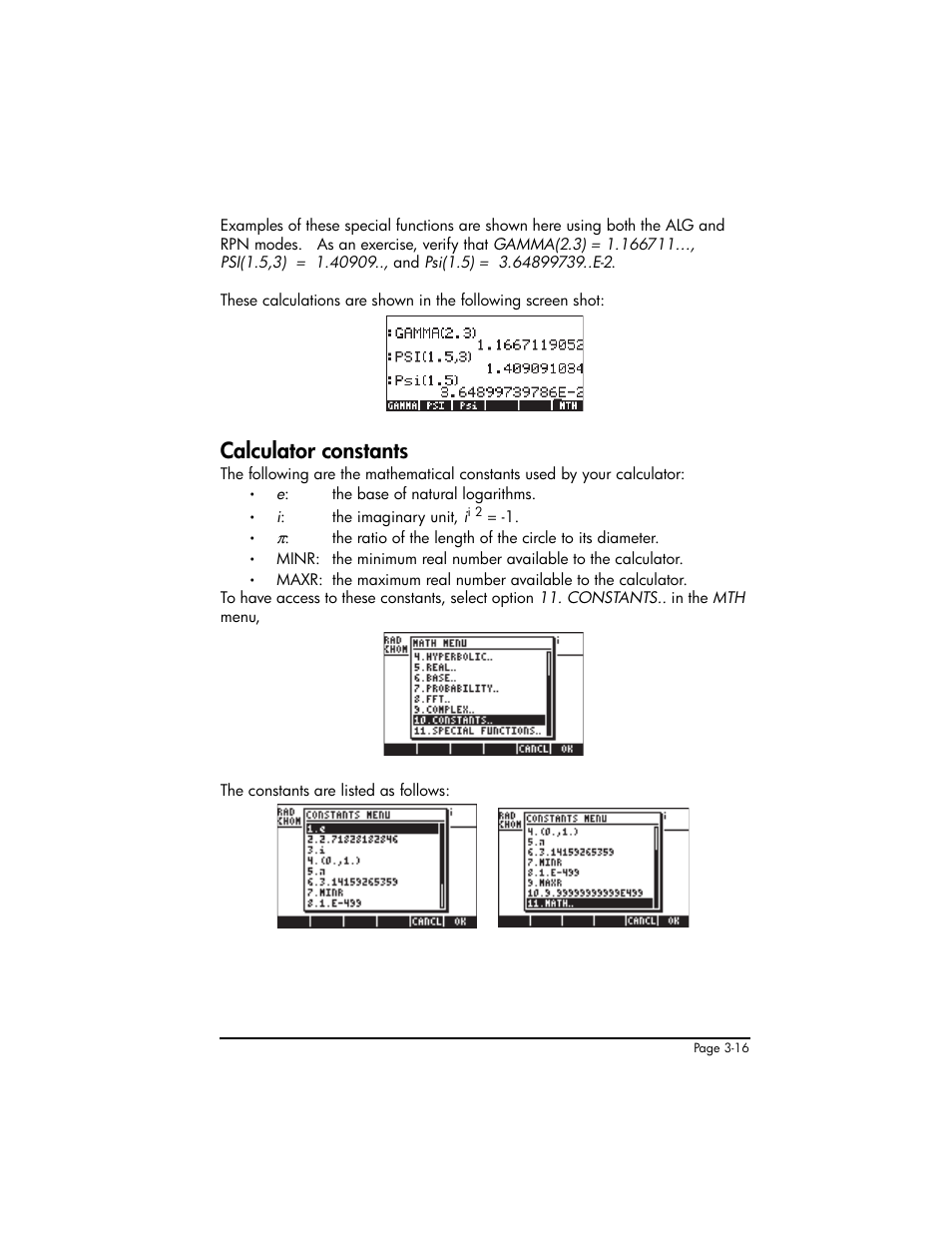 Calculator constants, Calculator constants ,3-16 | HP 50g Graphing Calculator User Manual | Page 146 / 887