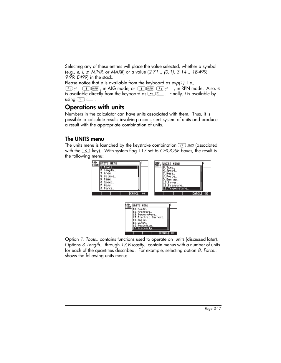 Operations with units, The units menu, Operations with units ,3-17 | The units menu ,3-17 | HP 50g Graphing Calculator User Manual | Page 147 / 887
