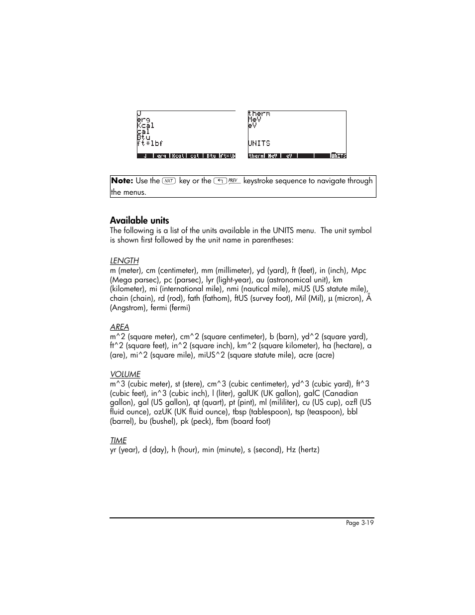 Available units, Available units ,3-19 | HP 50g Graphing Calculator User Manual | Page 149 / 887