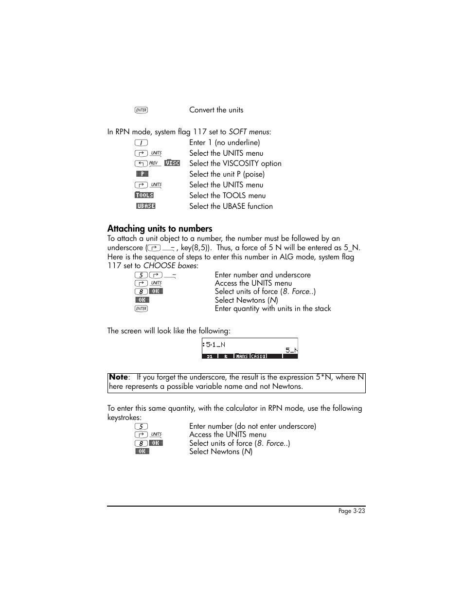 Attaching units to numbers, Attaching units to numbers ,3-23 | HP 50g Graphing Calculator User Manual | Page 153 / 887