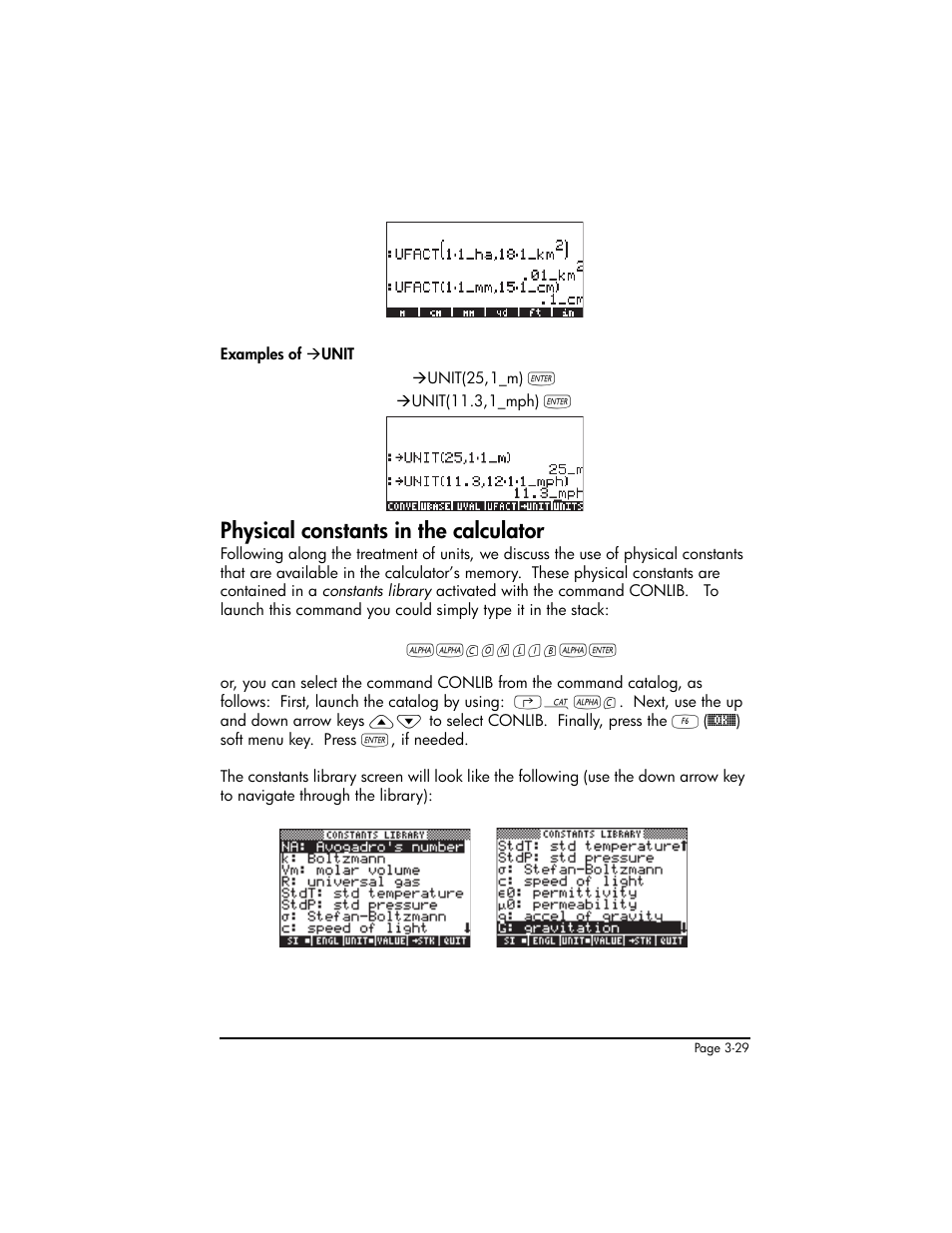 Physical constants in the calculator, Physical constants in the calculator ,3-29 | HP 50g Graphing Calculator User Manual | Page 159 / 887