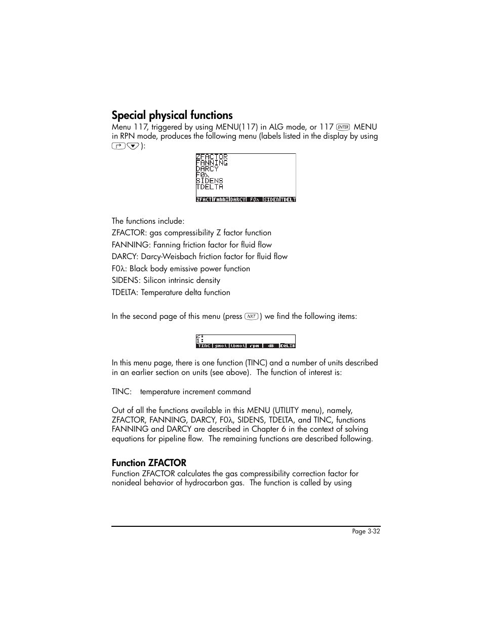 Special physical functions, Function zfactor, Special physical functions ,3-32 | Function zfactor ,3-32 | HP 50g Graphing Calculator User Manual | Page 162 / 887