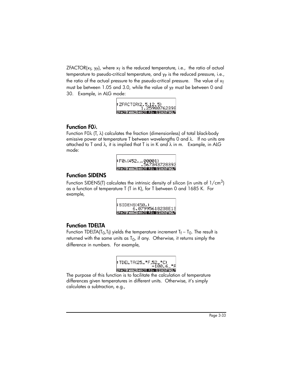 Function f0l, Function sidens, Function tdelta | Function f0, Λ ,3-33, Function sidens ,3-33 function tdelta ,3-33, Function f0 λ | HP 50g Graphing Calculator User Manual | Page 163 / 887