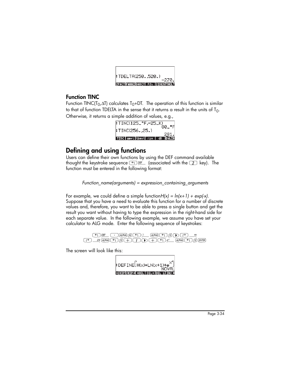 Function tinc, Defining and using functions, Function tinc ,3-34 | Defining and using functions ,3-34 | HP 50g Graphing Calculator User Manual | Page 164 / 887