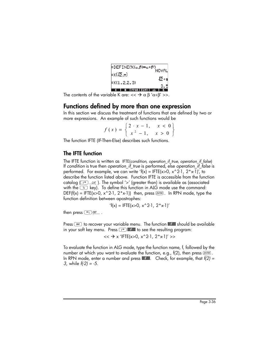Functions defined by more than one expression, The ifte function, The ifte function ,3-36 | HP 50g Graphing Calculator User Manual | Page 166 / 887