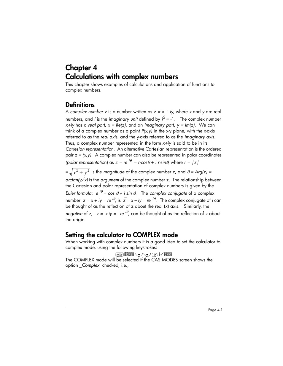 Chapter 4 calculations with complex numbers, Definitions, Setting the calculator to complex mode | Chapter 4 - calculations with complex numbers ,4-1 | HP 50g Graphing Calculator User Manual | Page 168 / 887