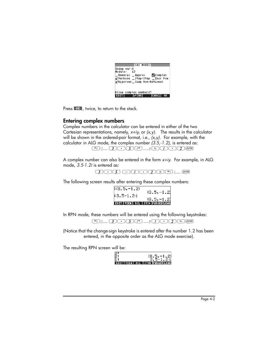 Entering complex numbers, Entering complex numbers ,4-2 | HP 50g Graphing Calculator User Manual | Page 169 / 887