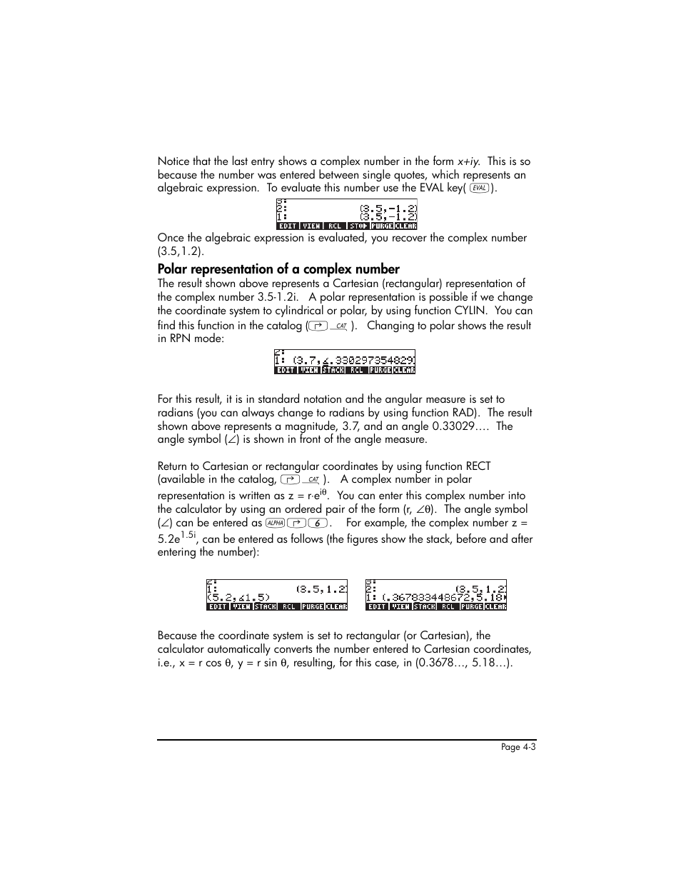Polar representation of a complex number, Polar representation of a complex number ,4-3 | HP 50g Graphing Calculator User Manual | Page 170 / 887