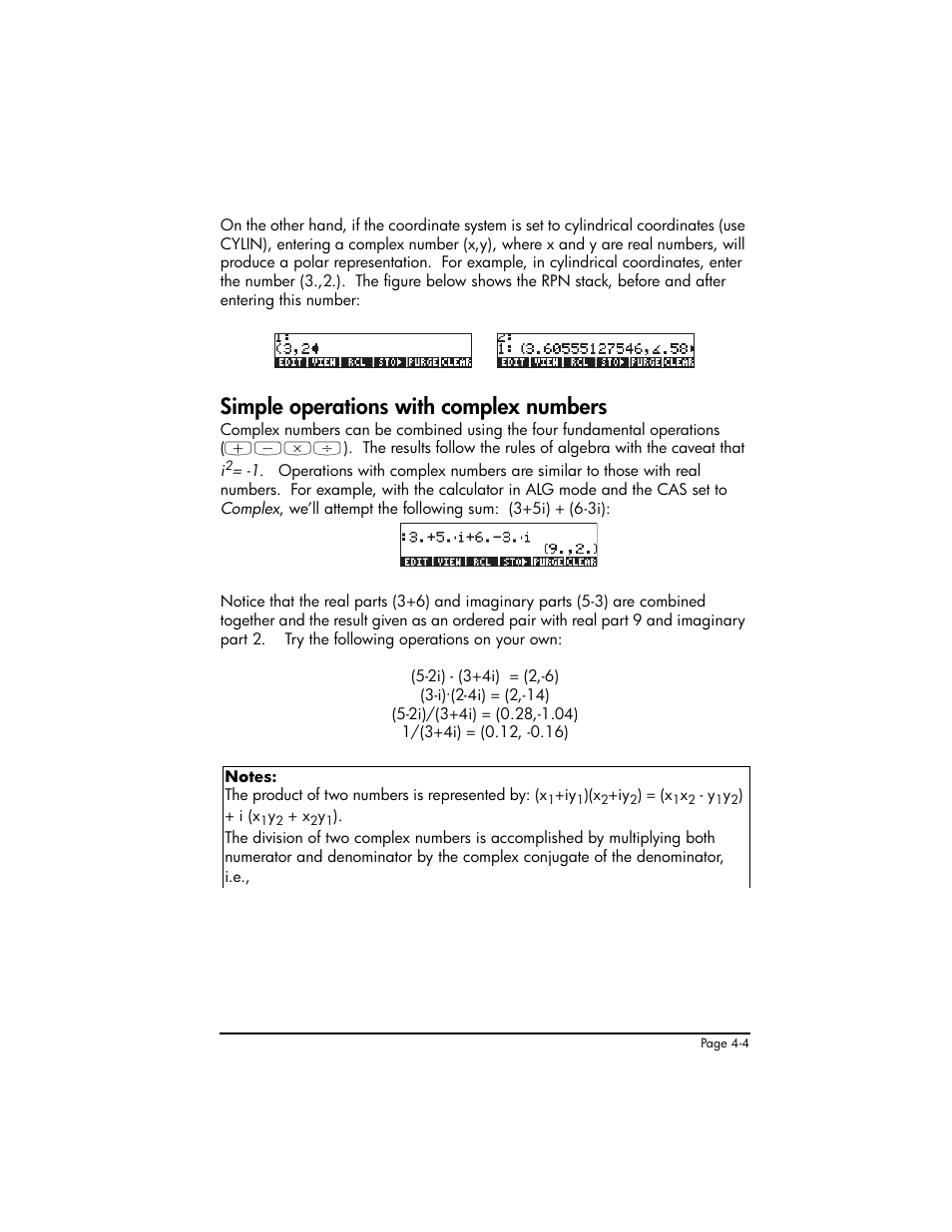 Simple operations with complex numbers, Simple operations with complex numbers ,4-4 | HP 50g Graphing Calculator User Manual | Page 171 / 887