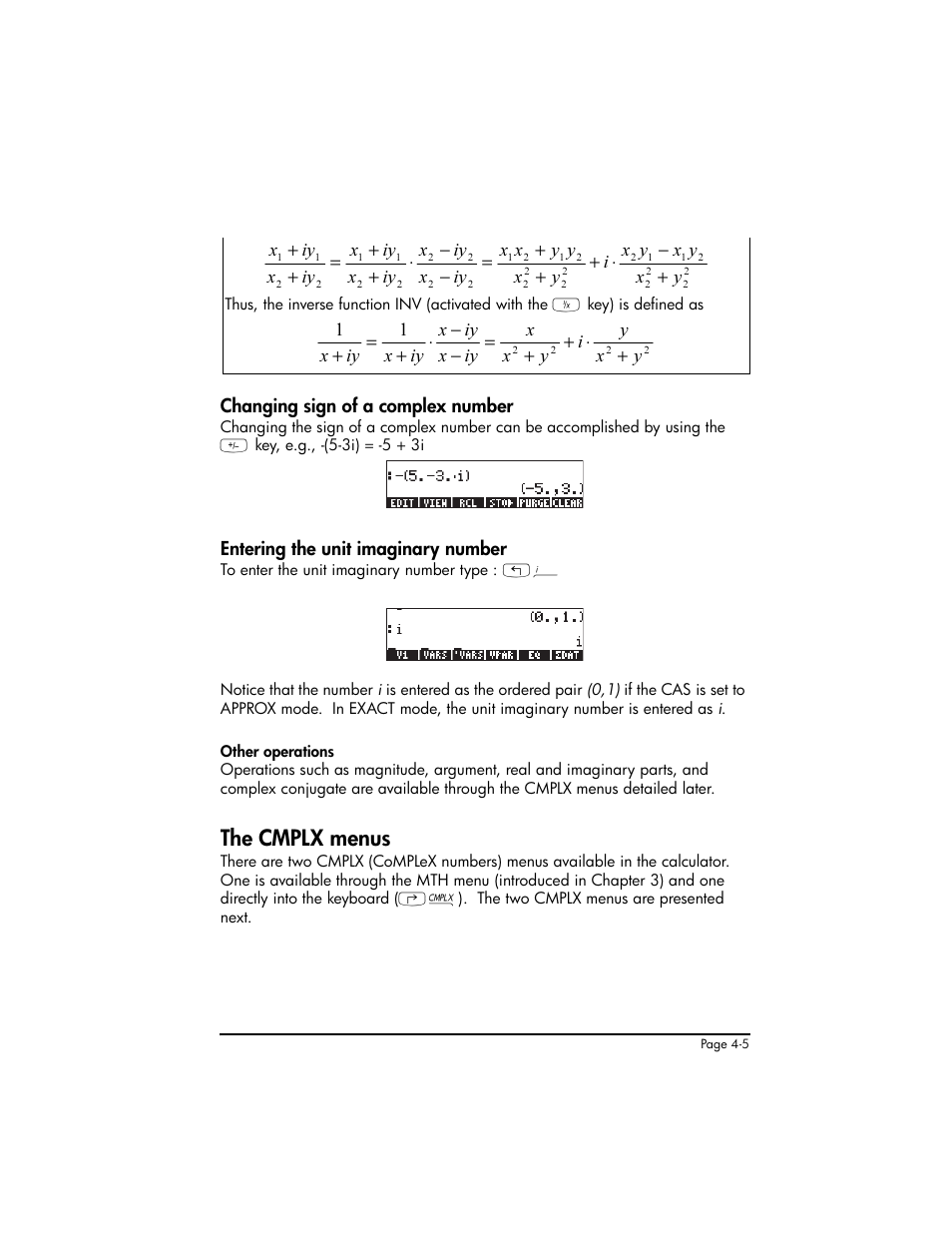 Changing sign of a complex number, Entering the unit imaginary number, The cmplx menus | The cmplx menus ,4-5 | HP 50g Graphing Calculator User Manual | Page 172 / 887