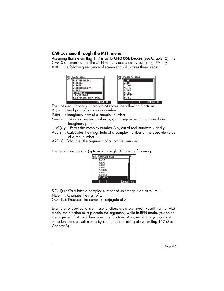 Cmplx menu through the mth menu, Cmplx menu through the mth menu ,4-6 | HP 50g Graphing Calculator User Manual | Page 173 / 887