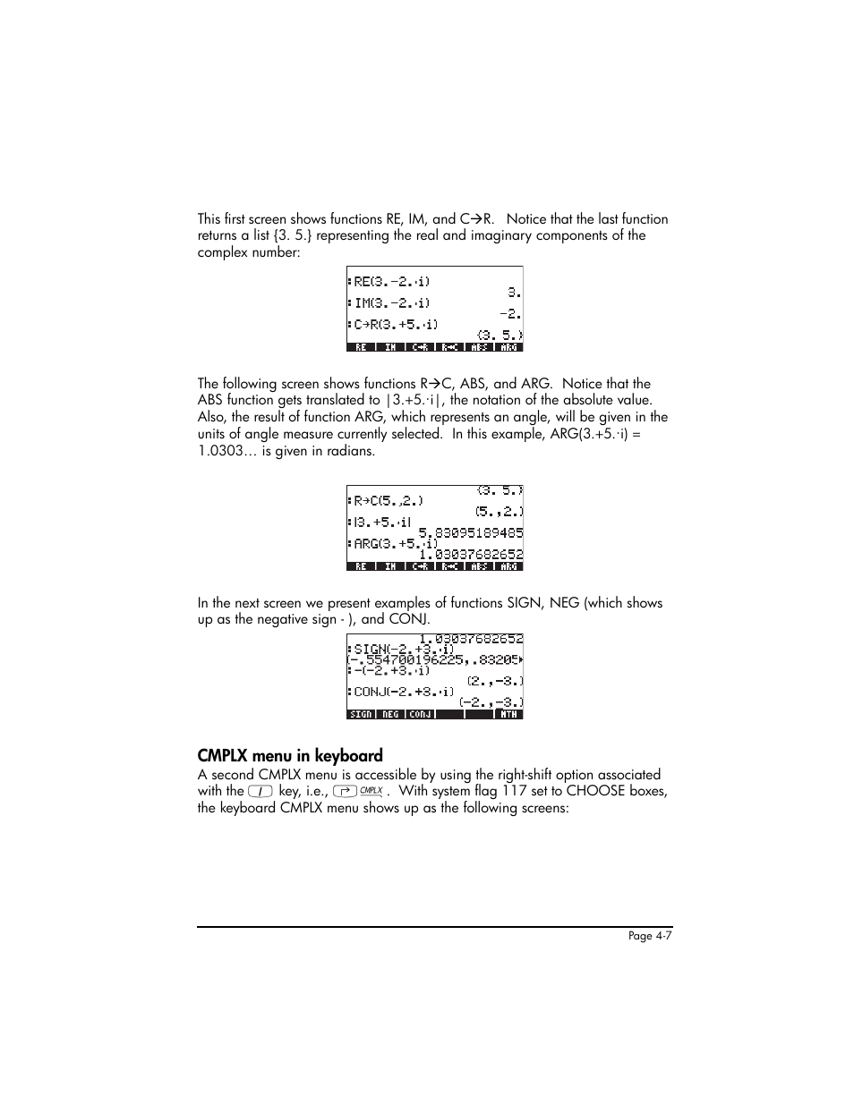 Cmplx menu in keyboard, Cmplx menu in keyboard ,4-7 | HP 50g Graphing Calculator User Manual | Page 174 / 887