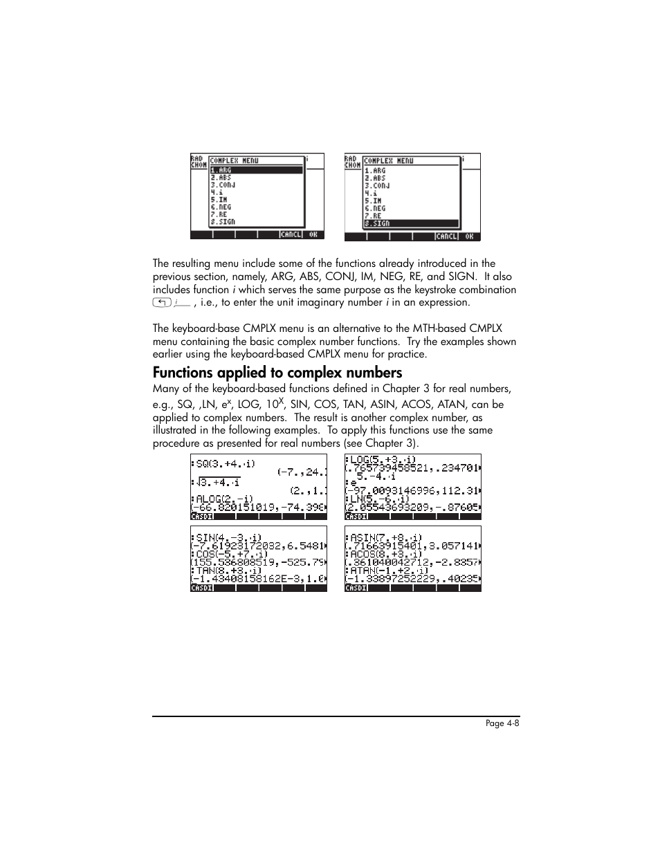 Functions applied to complex numbers, Functions applied to complex numbers ,4-8 | HP 50g Graphing Calculator User Manual | Page 175 / 887