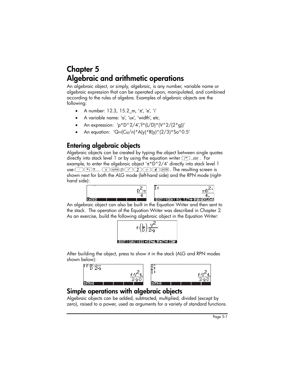 Chapter 5 algebraic and arithmetic operations, Entering algebraic objects, Simple operations with algebraic objects | HP 50g Graphing Calculator User Manual | Page 178 / 887