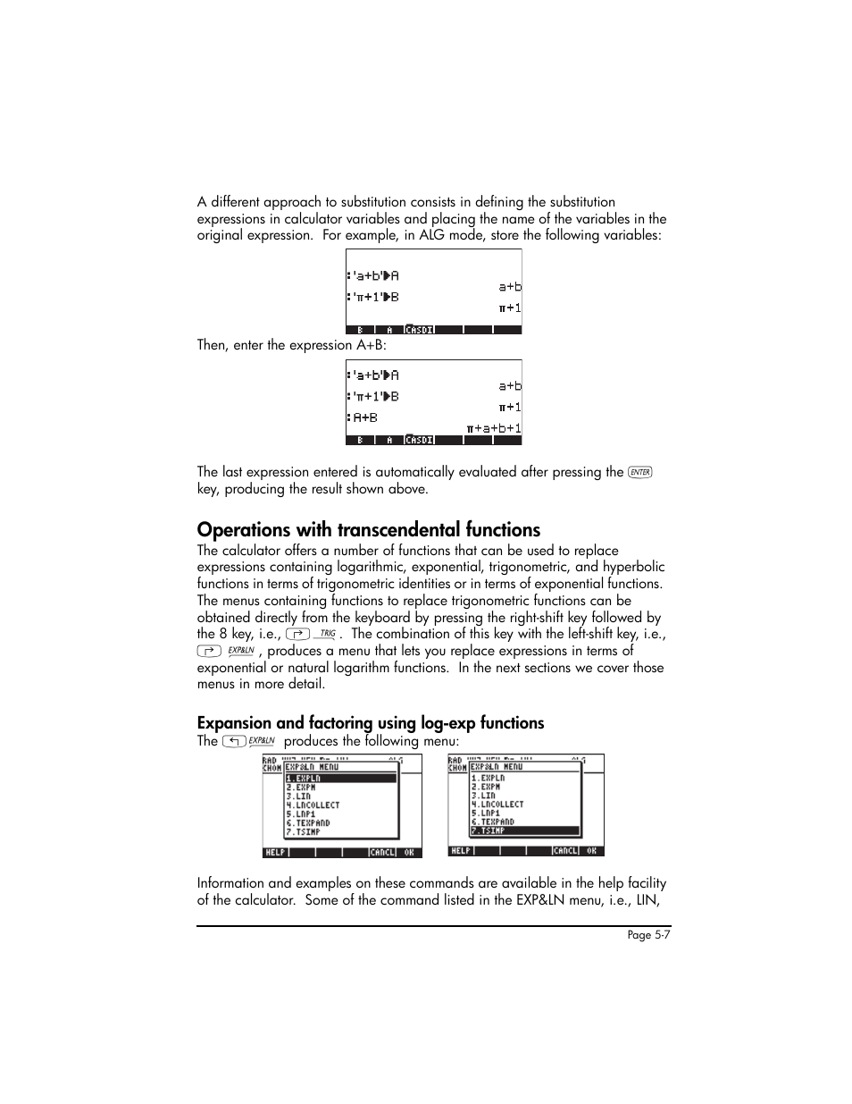 Operations with transcendental functions, Expansion and factoring using log-exp functions, Operations with transcendental functions ,5-7 | HP 50g Graphing Calculator User Manual | Page 184 / 887
