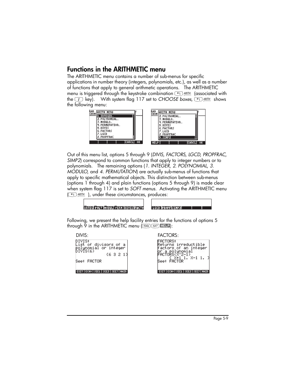 Functions in the arithmetic menu, Functions in the arithmetic menu ,5-9, Divis | Factors ,5-9 | HP 50g Graphing Calculator User Manual | Page 186 / 887
