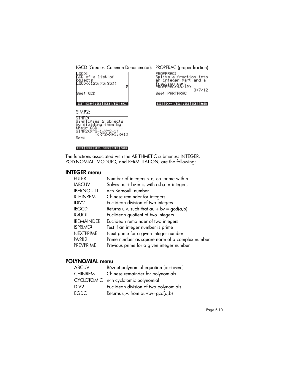 Integer menu, Polynomial menu, Lgcd | HP 50g Graphing Calculator User Manual | Page 187 / 887