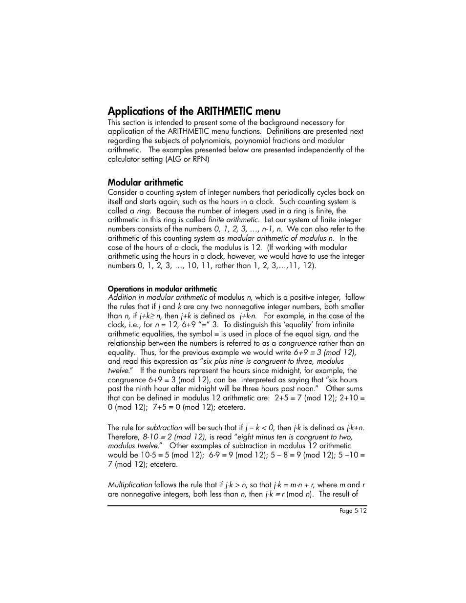 Applications of the arithmetic menu, Modular arithmetic, Applications of the arithmetic menu ,5-12 | Modular arithmetic ,5-12 | HP 50g Graphing Calculator User Manual | Page 189 / 887