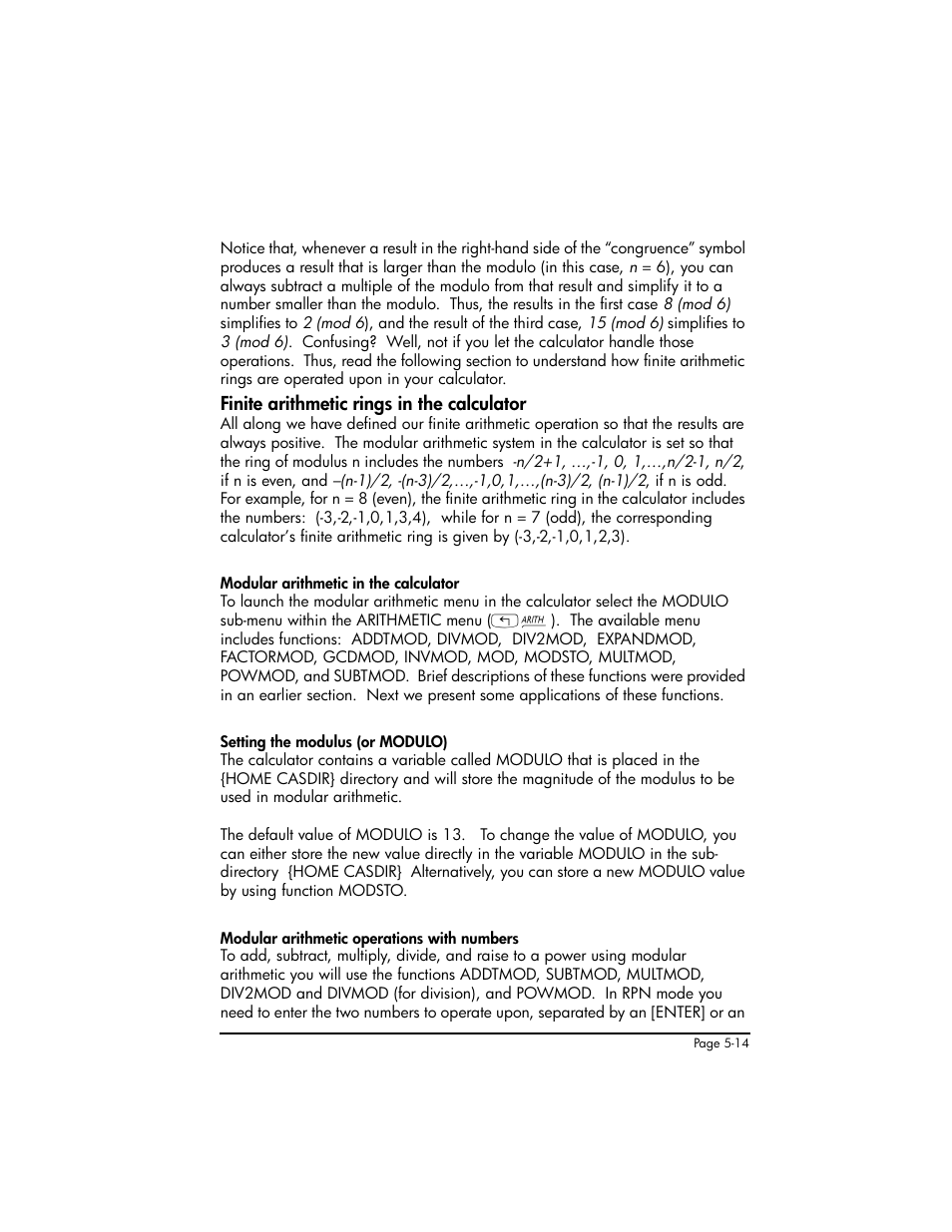 Finite arithmetic rings in the calculator, Finite arithmetic rings in the calculator ,5-14 | HP 50g Graphing Calculator User Manual | Page 191 / 887