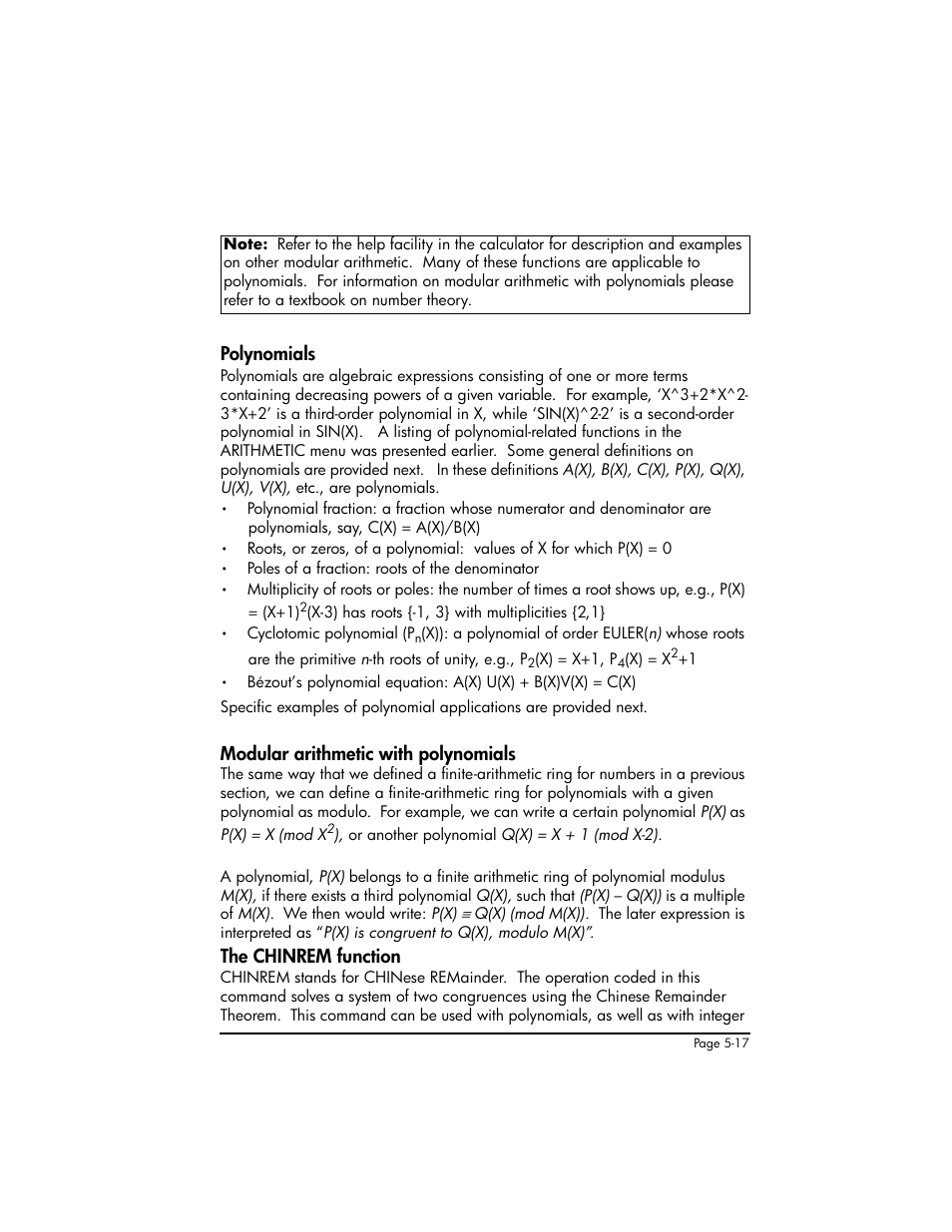 Polynomials, Modular arithmetic with polynomials, The chinrem function | Polynomials ,5-17 | HP 50g Graphing Calculator User Manual | Page 194 / 887