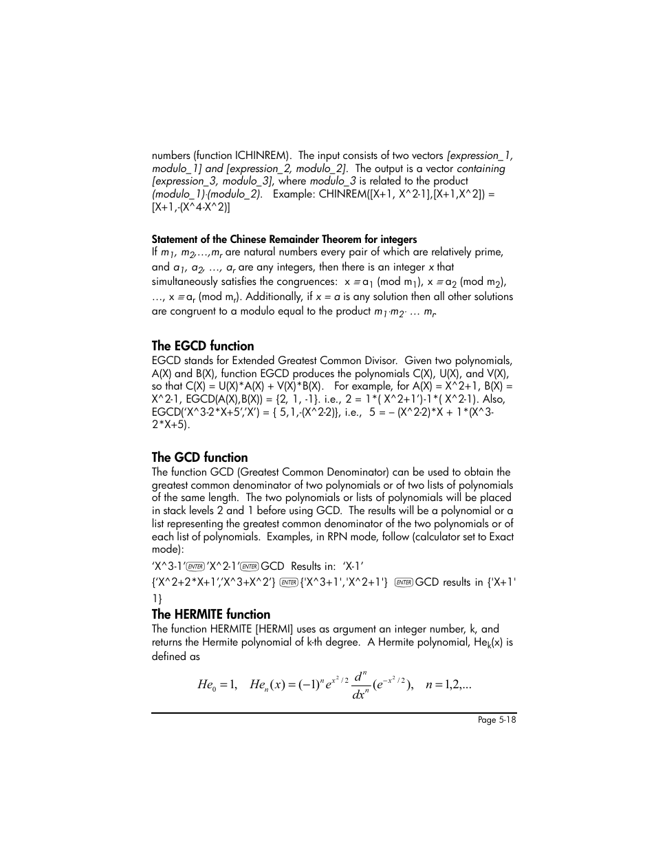 The egcd function, The gcd function, The hermite function | HP 50g Graphing Calculator User Manual | Page 195 / 887