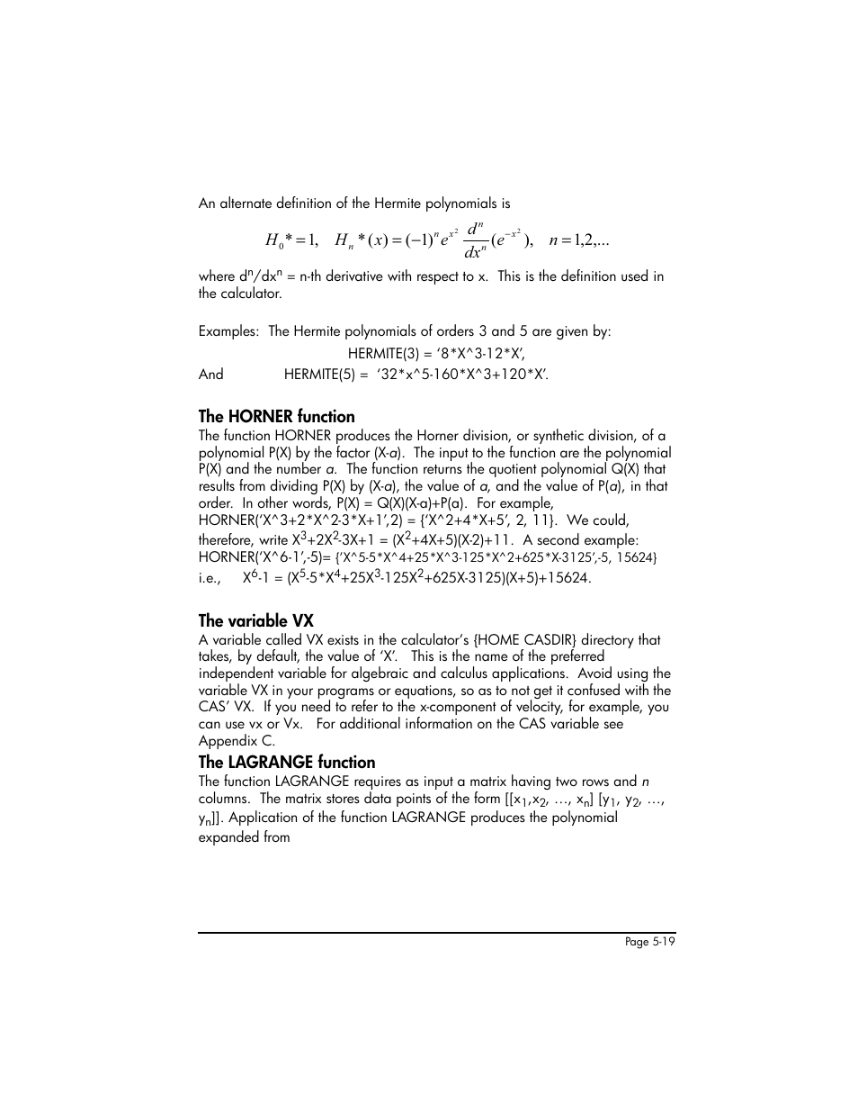 The horner function, The variable vx, The lagrange function | HP 50g Graphing Calculator User Manual | Page 196 / 887