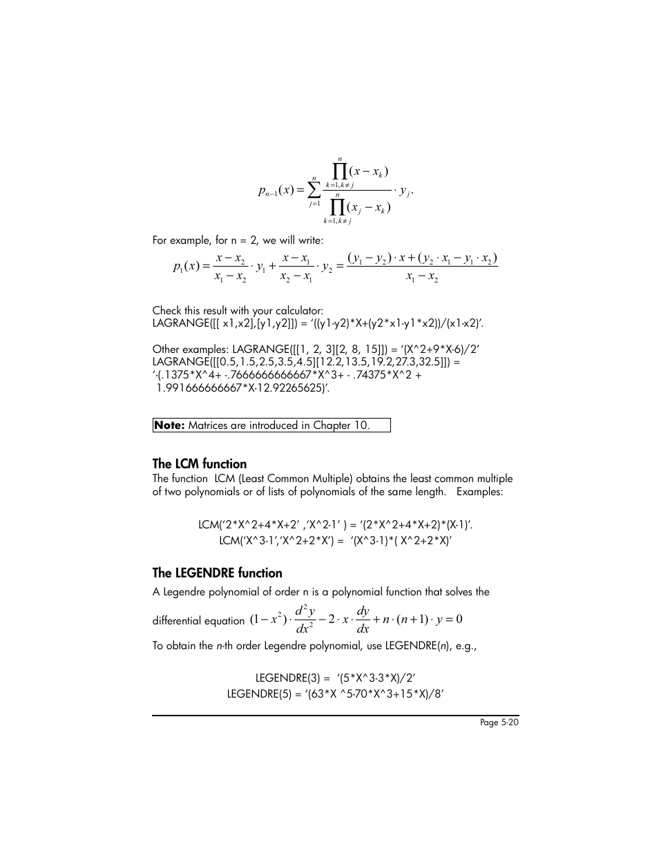 The lcm function, The legendre function, The lcm function ,5-20 the legendre function ,5-20 | HP 50g Graphing Calculator User Manual | Page 197 / 887
