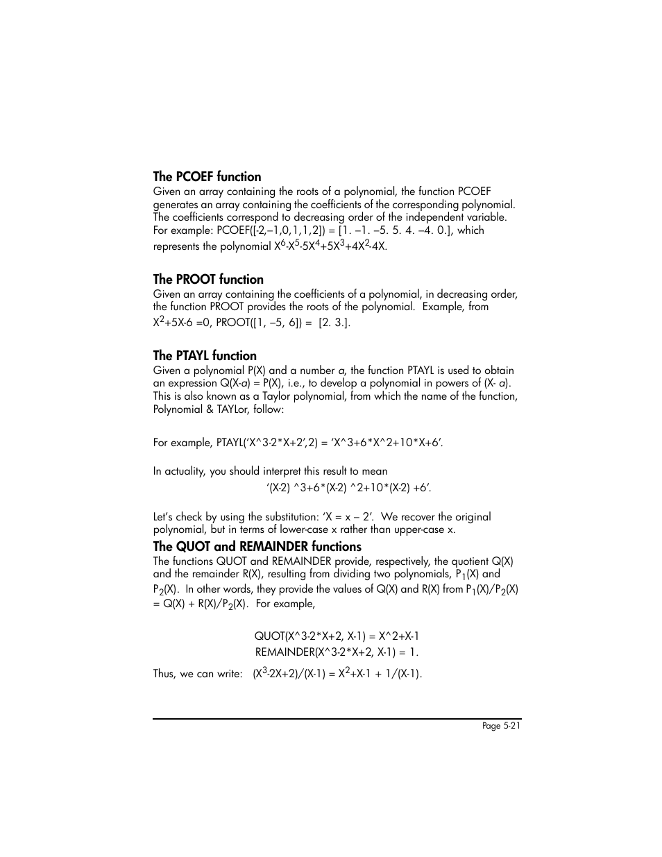 The pcoef function, The proot function, The ptayl function | The quot and remainder functions, The pcoef function ,5-21 | HP 50g Graphing Calculator User Manual | Page 198 / 887