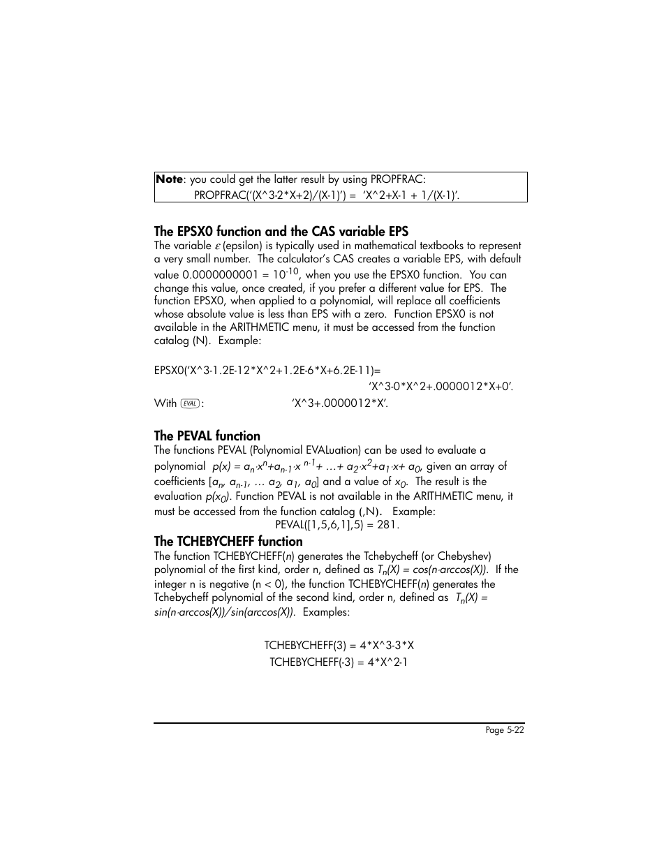 The epsx0 function and the cas variable eps, The peval function, The tchebycheff function | HP 50g Graphing Calculator User Manual | Page 199 / 887