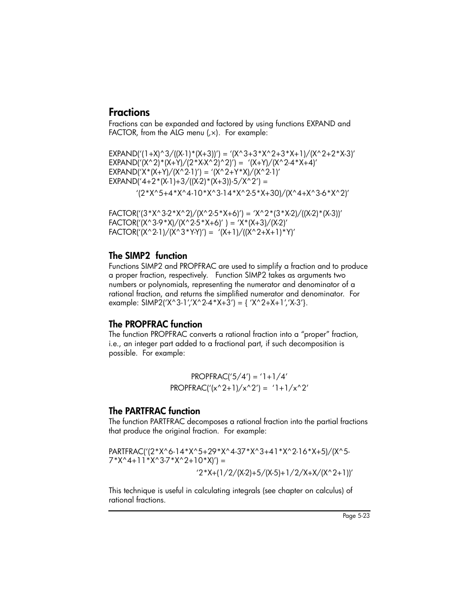 Fractions, The simp2 function, The propfrac function | The partfrac function, Fractions ,5-23 | HP 50g Graphing Calculator User Manual | Page 200 / 887