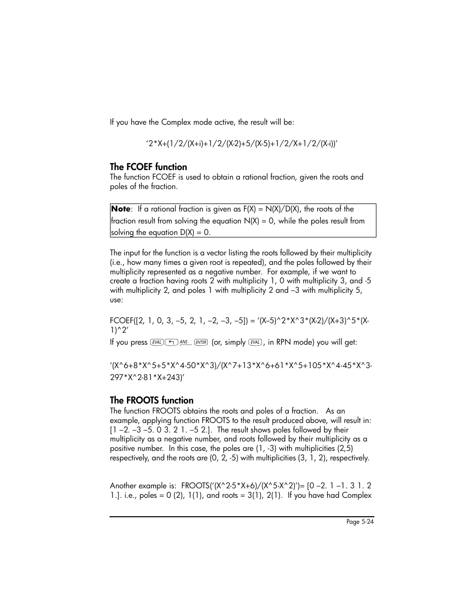The fcoef function, The froots function, The fcoef function ,5-24 the froots function ,5-24 | HP 50g Graphing Calculator User Manual | Page 201 / 887