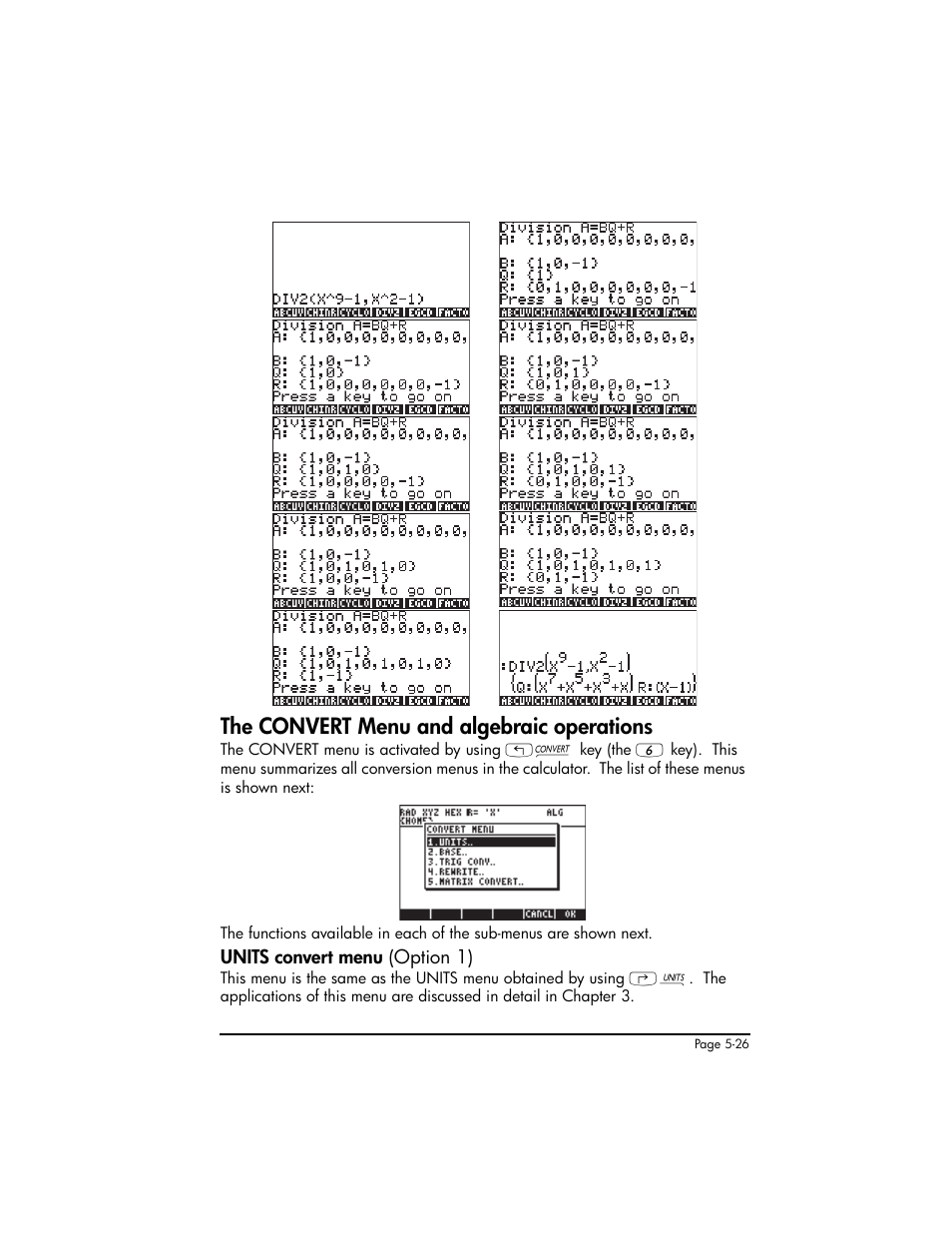 The convert menu and algebraic operations, Units convert menu (option 1), The convert menu and algebraic operations ,5-26 | Units convert menu (option 1) ,5-26 | HP 50g Graphing Calculator User Manual | Page 203 / 887