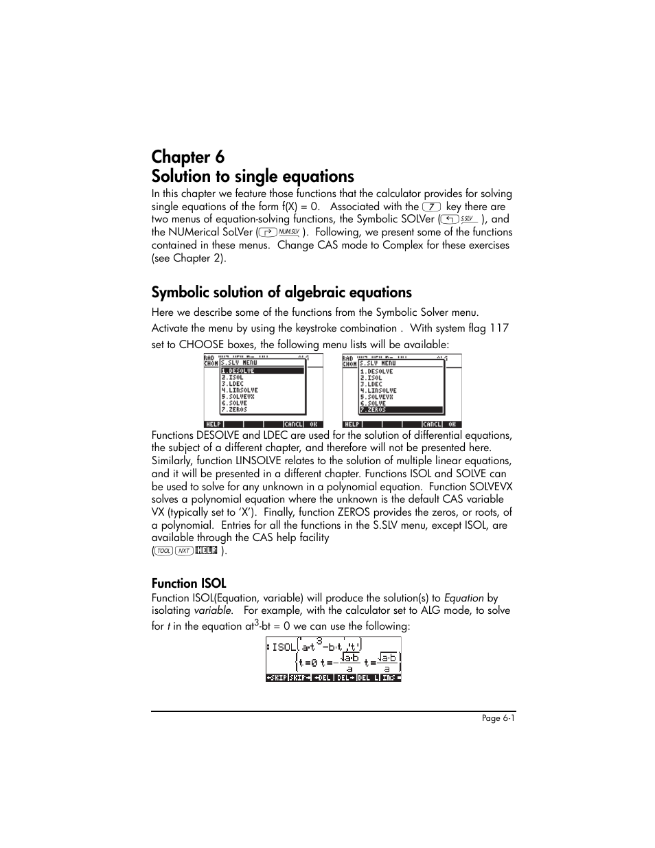 Chapter 6 solution to single equations, Symbolic solution of algebraic equations, Function isol | Chapter 6 - solution to single equations ,6-1, Symbolic solution of algebraic equations ,6-1, Function isol ,6-1 | HP 50g Graphing Calculator User Manual | Page 207 / 887