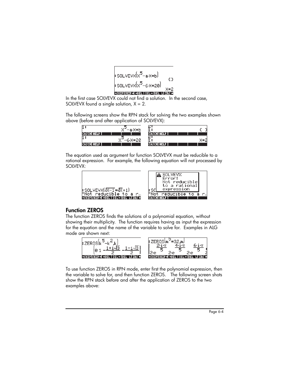 Function zeros, Function zeros ,6-4 | HP 50g Graphing Calculator User Manual | Page 210 / 887