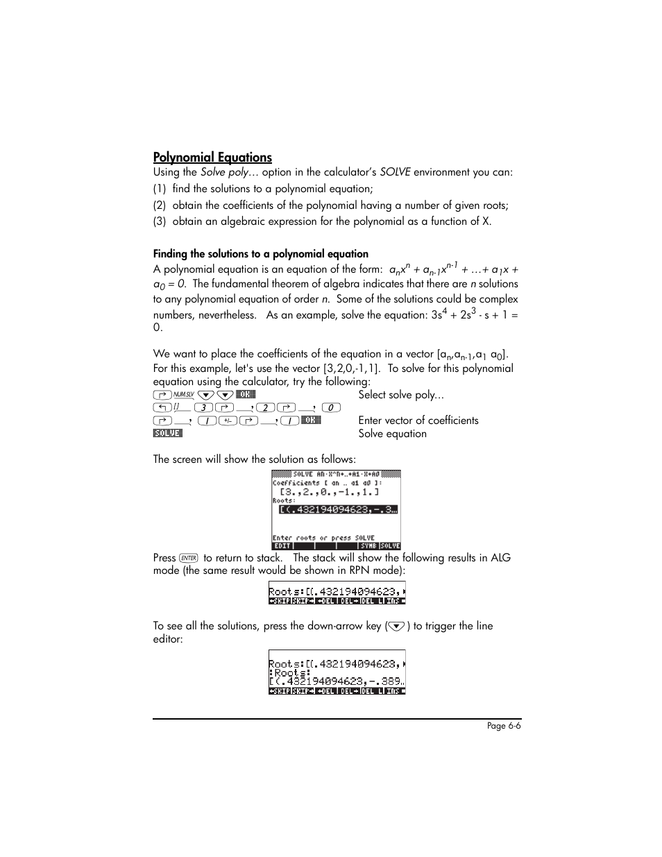 Polynomial equations, Polynomial equations ,6-6 | HP 50g Graphing Calculator User Manual | Page 212 / 887