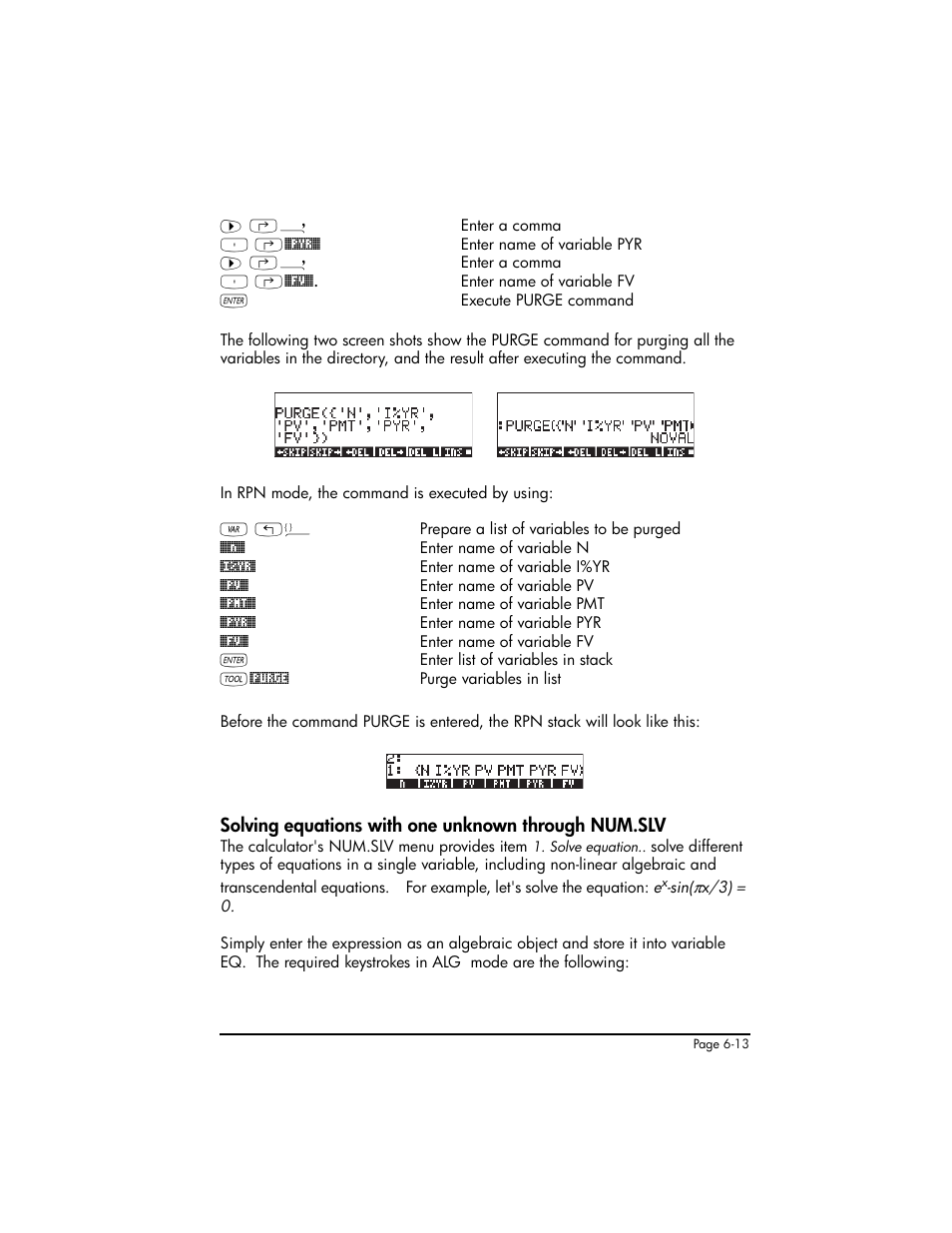 Solving equations with one unknown through num.slv | HP 50g Graphing Calculator User Manual | Page 219 / 887