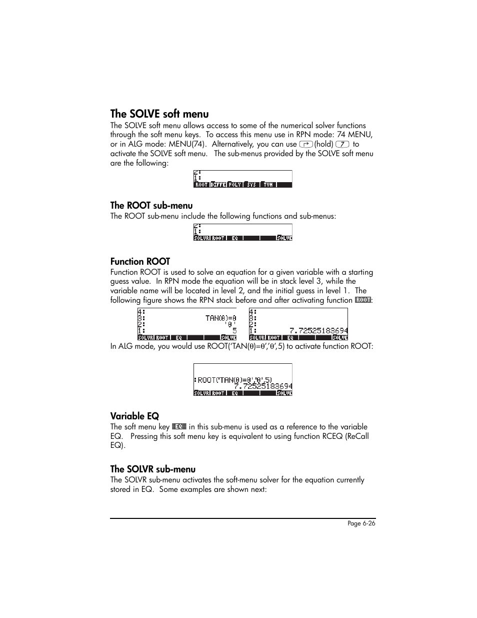 The solve soft menu, The root sub-menu, Function root | Variable eq, The solvr sub-menu, The solve soft menu ,6-26, The root sub-menu ,6-26 function root ,6-26, Variable eq ,6-26 the solvr sub-menu ,6-26 | HP 50g Graphing Calculator User Manual | Page 232 / 887