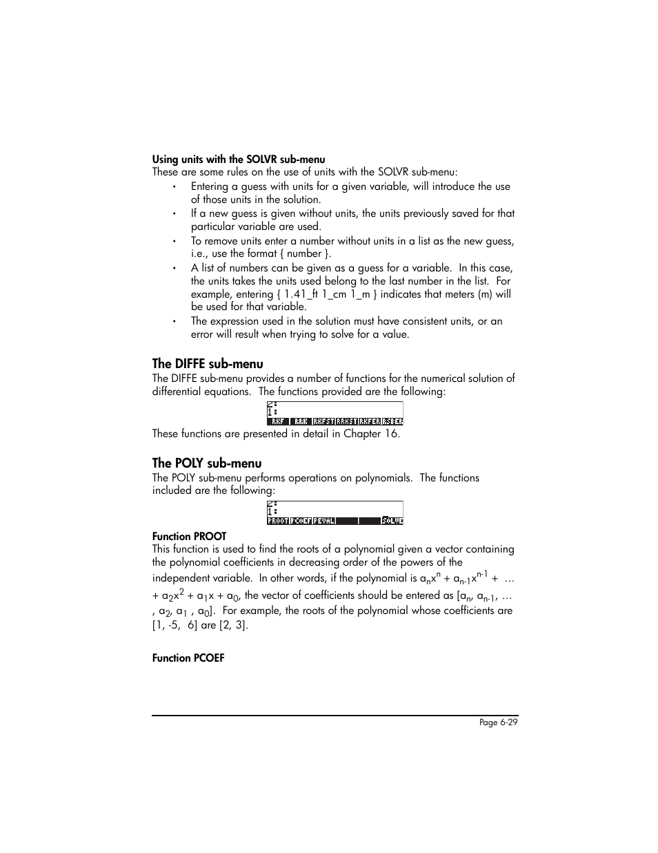 The diffe sub-menu, The poly sub-menu, The diffe sub-menu ,6-29 the poly sub-menu ,6-29 | HP 50g Graphing Calculator User Manual | Page 235 / 887