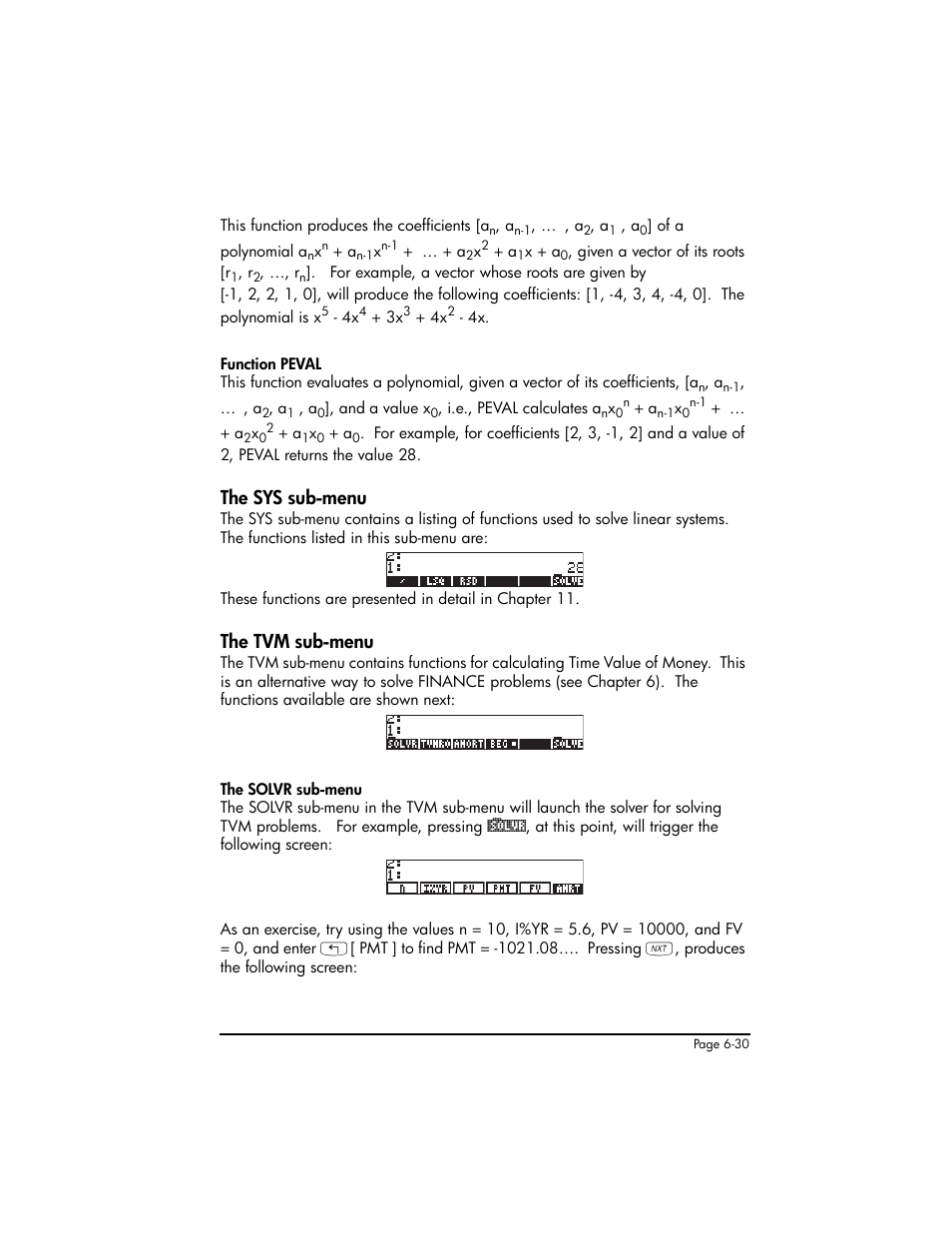 The sys sub-menu, The tvm sub-menu, The sys sub-menu ,6-30 the tvm sub-menu ,6-30 | HP 50g Graphing Calculator User Manual | Page 236 / 887