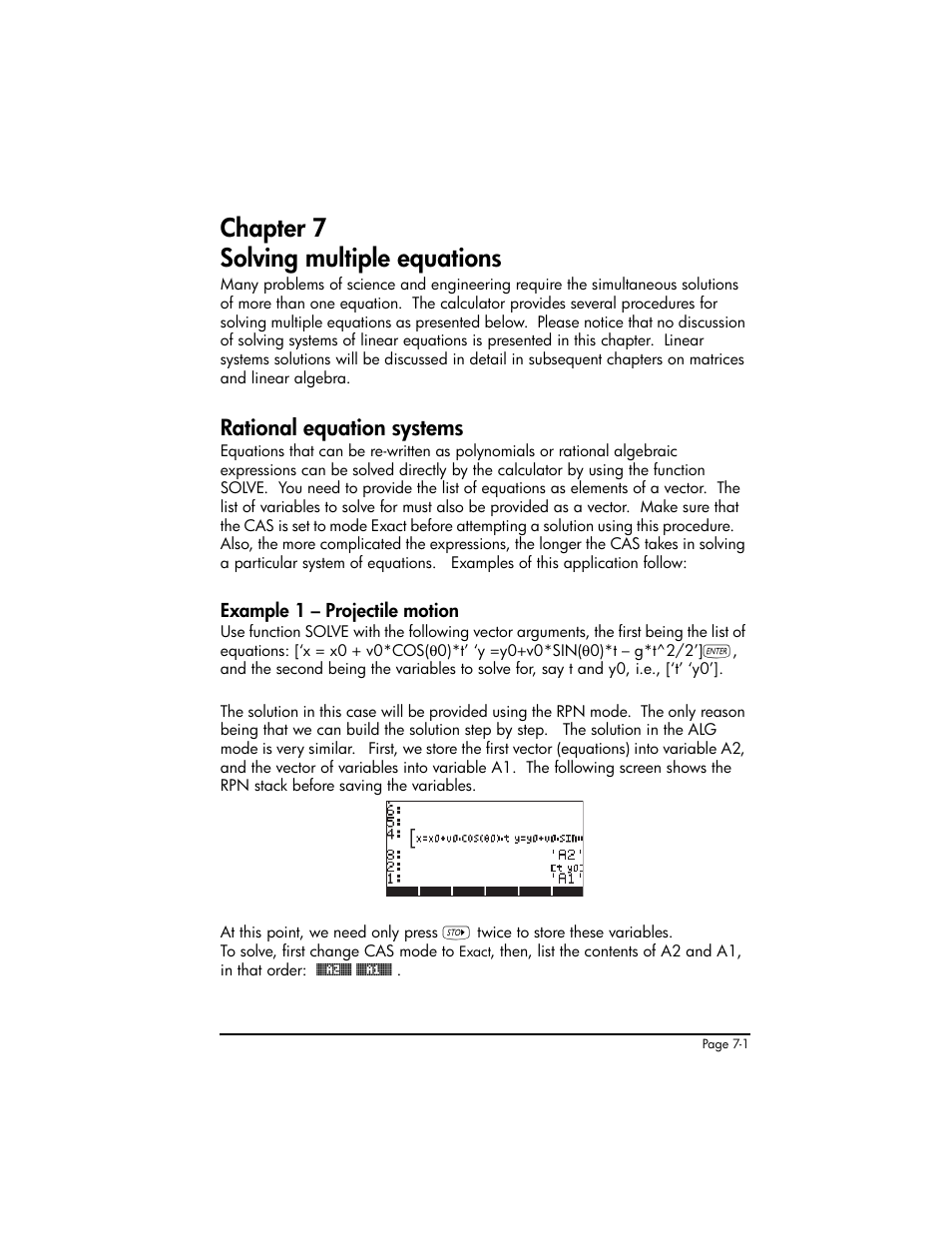 Chapter 7 solving multiple equations, Rational equation systems, Example 1 - projectile motion | Chapter 7 - solving multiple equations ,7-1, Rational equation systems ,7-1, Example 1 – projectile motion ,7-1 | HP 50g Graphing Calculator User Manual | Page 238 / 887