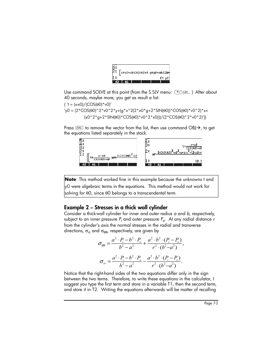 Example 2 - stresses in a thick wall cylinder, Example 2 – stresses in a thick wall cylinder ,7-2 | HP 50g Graphing Calculator User Manual | Page 239 / 887