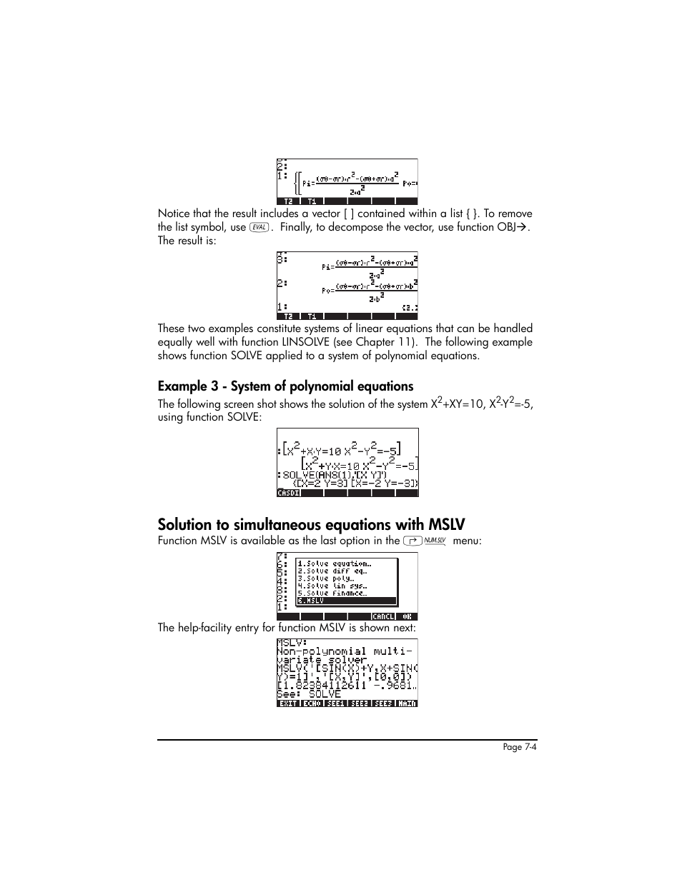 Example 3 - system of polynomial equations, Solution to simultaneous equations with mslv, Example 3 - system of polynomial equations ,7-4 | Solution to simultaneous equations with mslv ,7-4 | HP 50g Graphing Calculator User Manual | Page 241 / 887