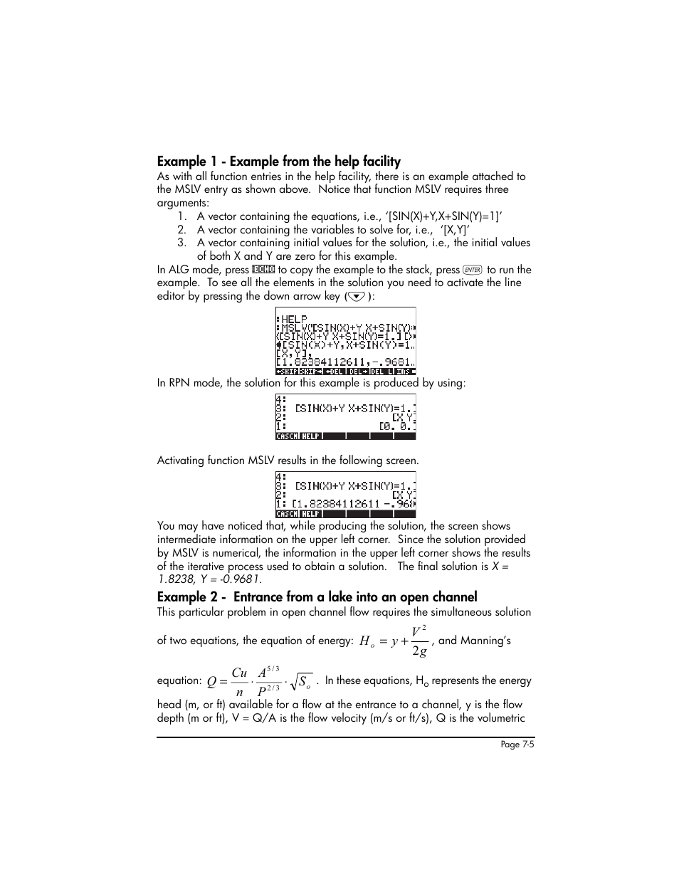 Example 1 - example from the help facility | HP 50g Graphing Calculator User Manual | Page 242 / 887
