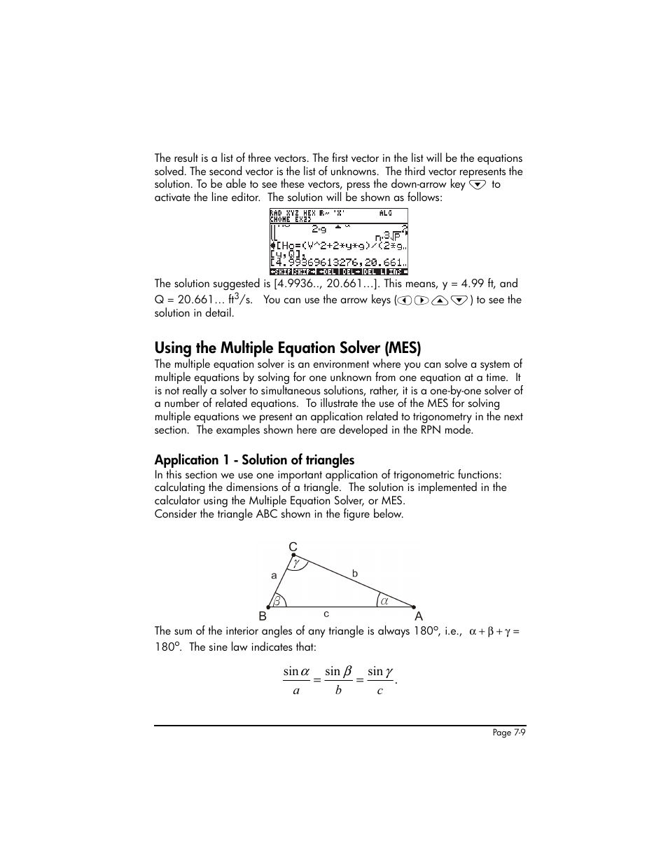 Using the multiple equation solver (mes), Application 1 - solution of triangles, Using the multiple equation solver (mes) ,7-9 | Application 1 - solution of triangles ,7-9 | HP 50g Graphing Calculator User Manual | Page 246 / 887