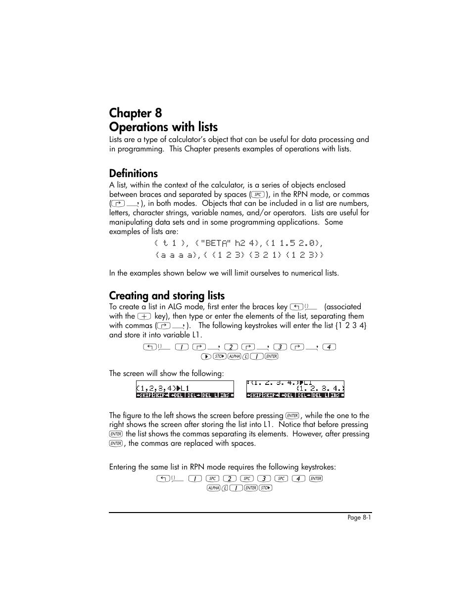 Chapter 8 operations with lists, Definitions, Creating and storing lists | Chapter 8 - operations with lists ,8-1, Definitions ,8-1 creating and storing lists ,8-1 | HP 50g Graphing Calculator User Manual | Page 258 / 887