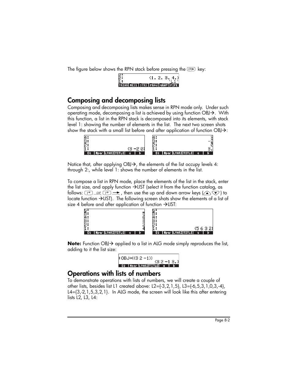 Composing and decomposing lists, Operations with lists of numbers | HP 50g Graphing Calculator User Manual | Page 259 / 887