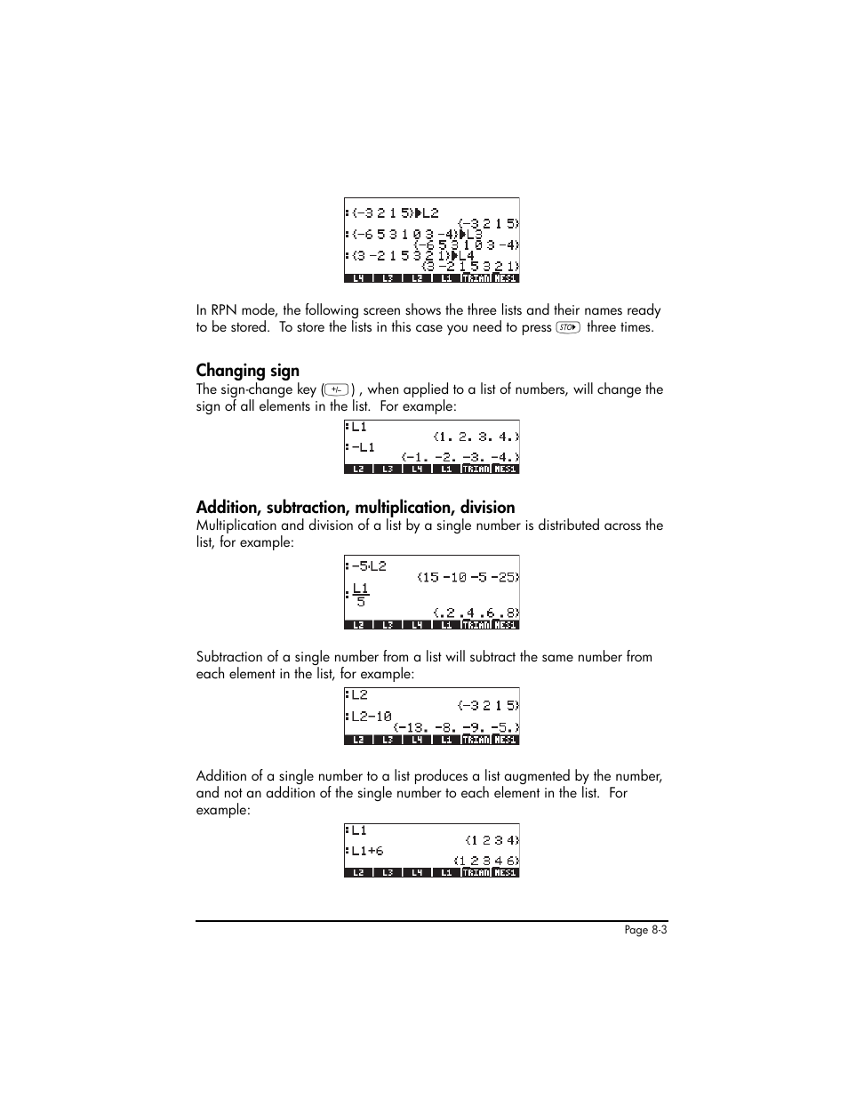 Changing sign, Addition, subtraction, multiplication, division | HP 50g Graphing Calculator User Manual | Page 260 / 887